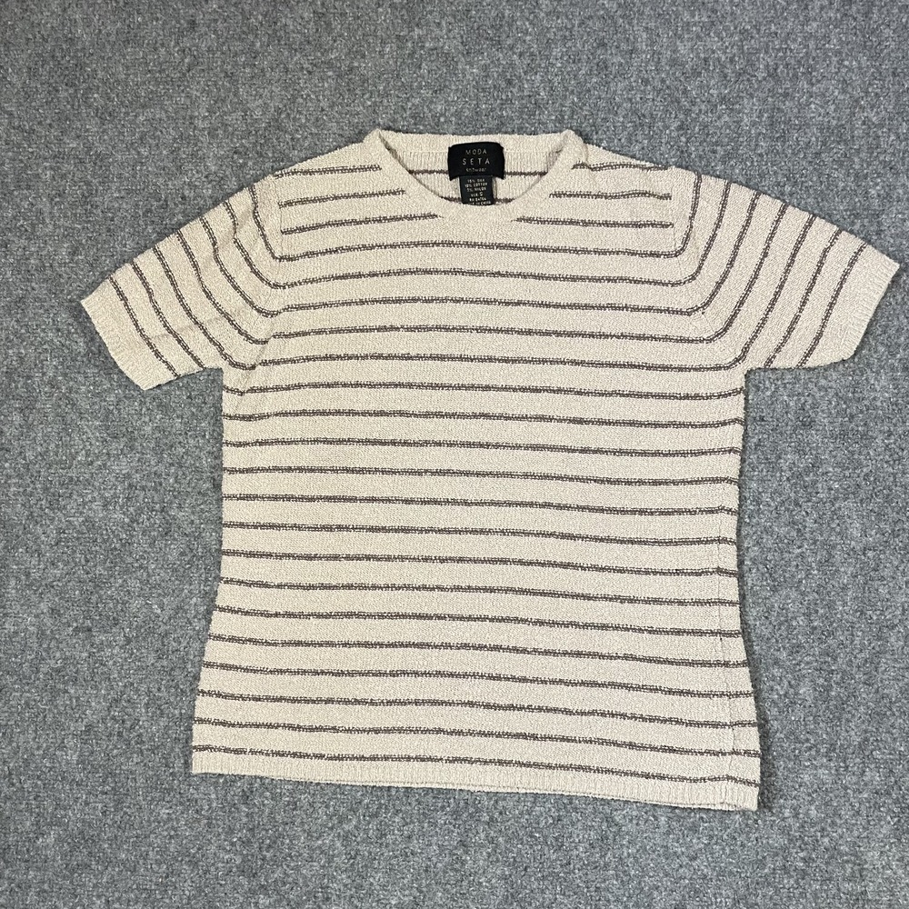 Moda Seta Knit Top Womens Small Beige Brown Striped Silk Blend Short Sleeve